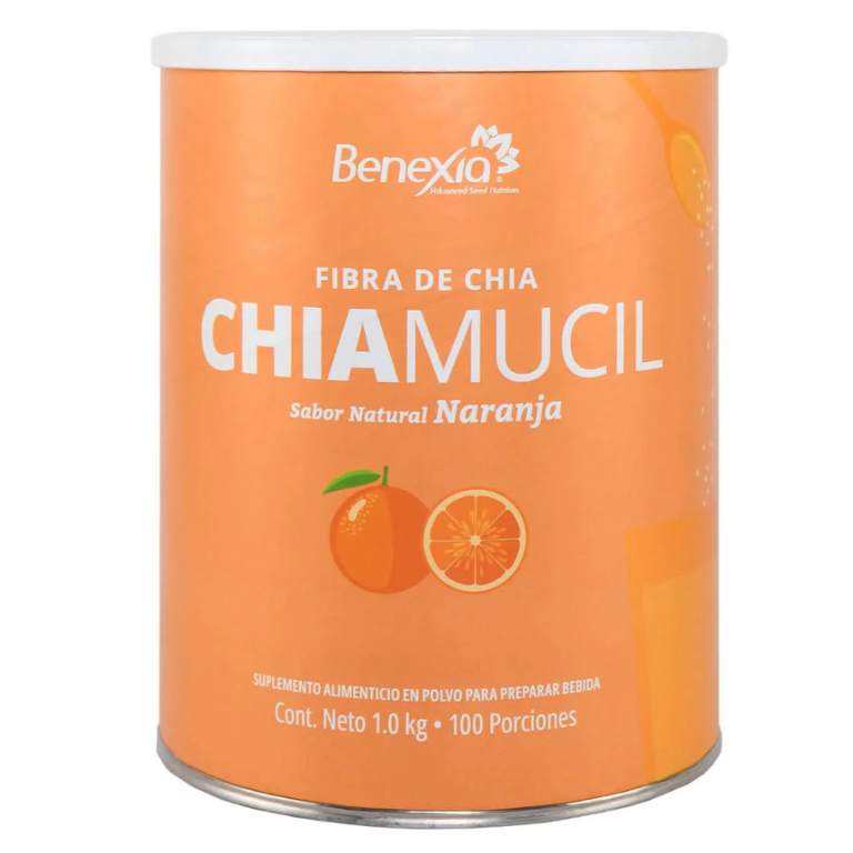 Chiamucil naranja frente SOW - TEST CHIAMUCIL 1 KG, fibra de chía premium para mejorar el tránsito lento y la digestión.