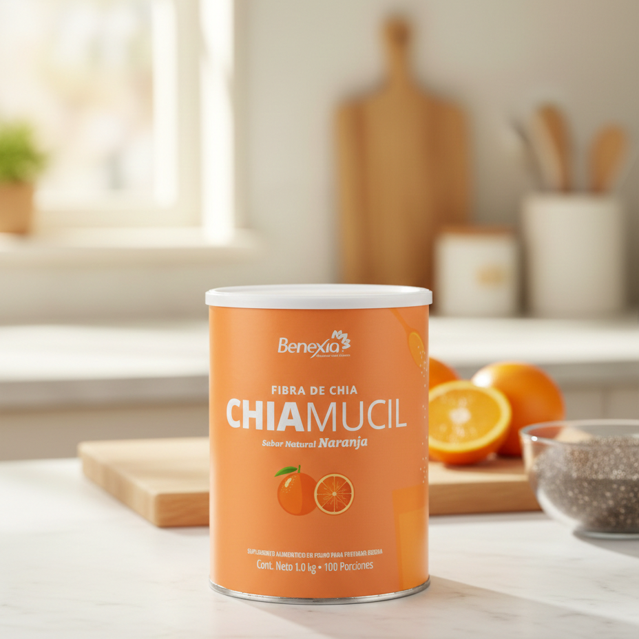 Chiamucil naranja en cocina ia SOW - CHIAMUCIL NARANJA 1KG, fibra de chía premium para mejorar el tránsito lento y la digestión.