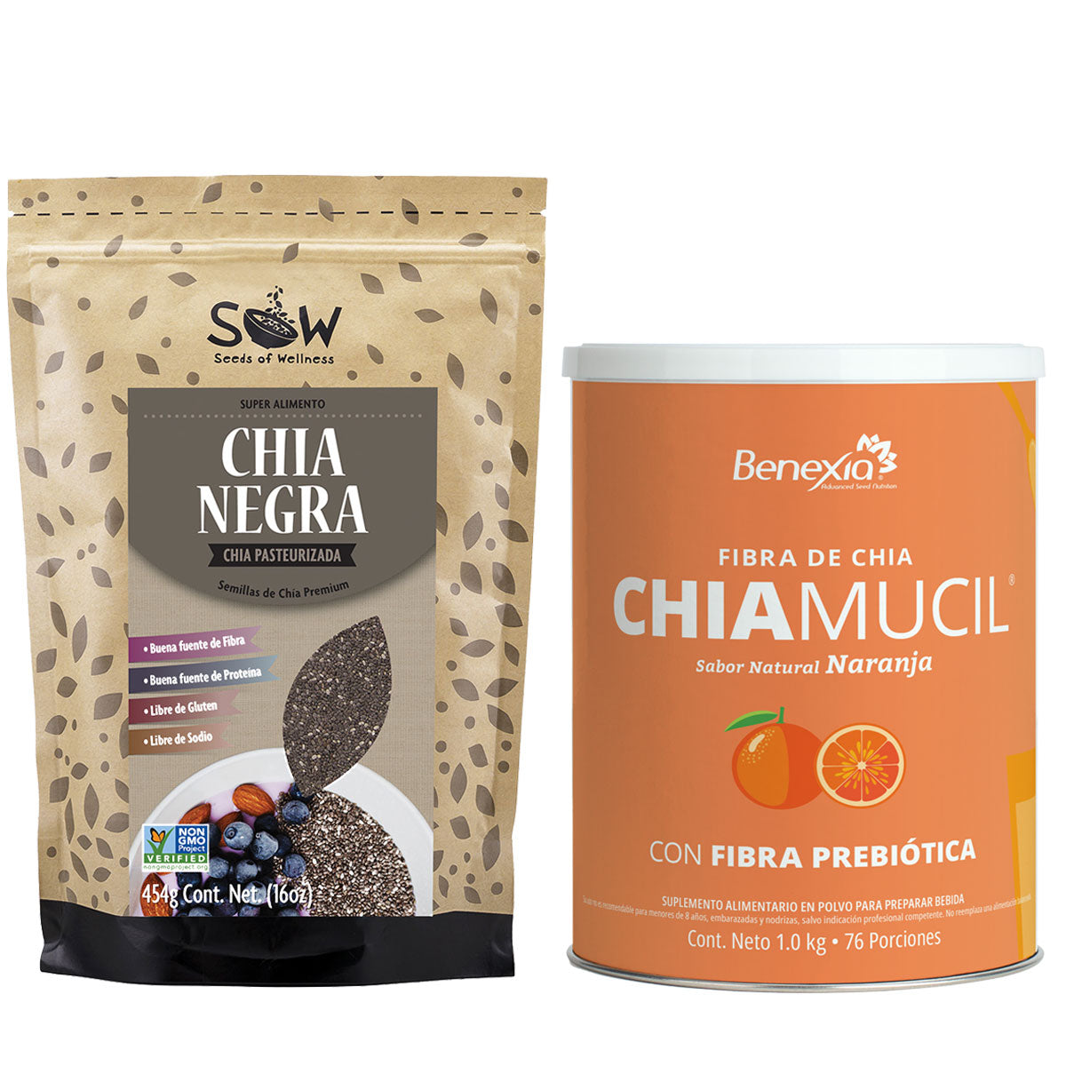 Bote naranja CHIAMUCIL Fibra de Chia Naranja 1kg y bolsa SOW Chia Negra 454g con semillas.